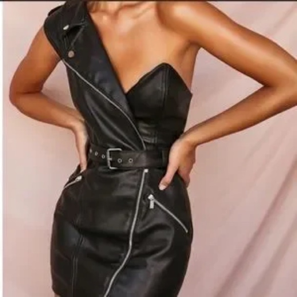 House of CB London Black Faux Leather Biker Mini Dress – Size S - Picture 2 of 8